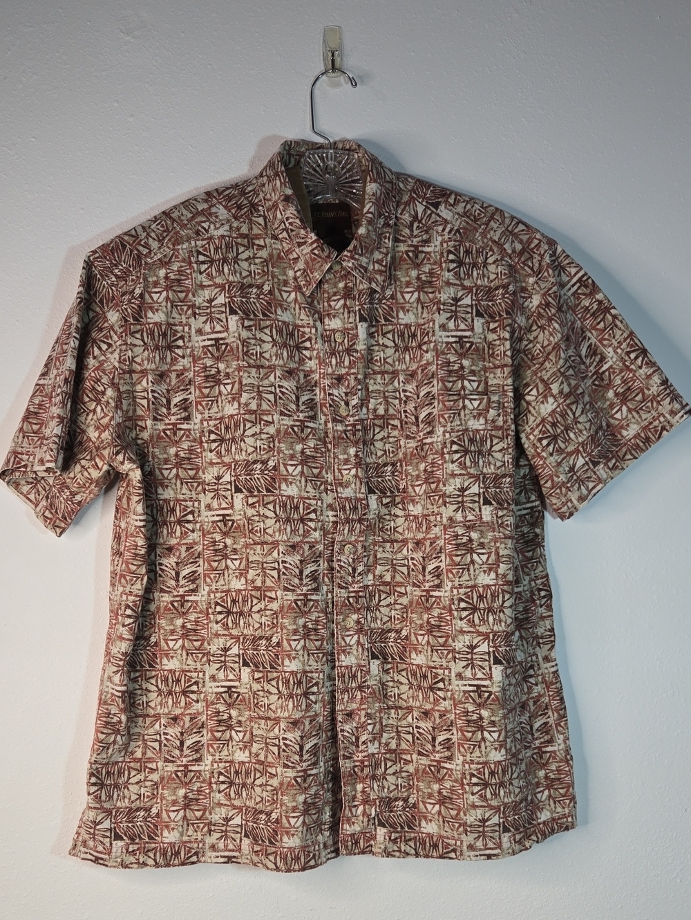 St. John's Bay Brown Cream Short Sleeve Button-Down Shirt Tropical Tiki